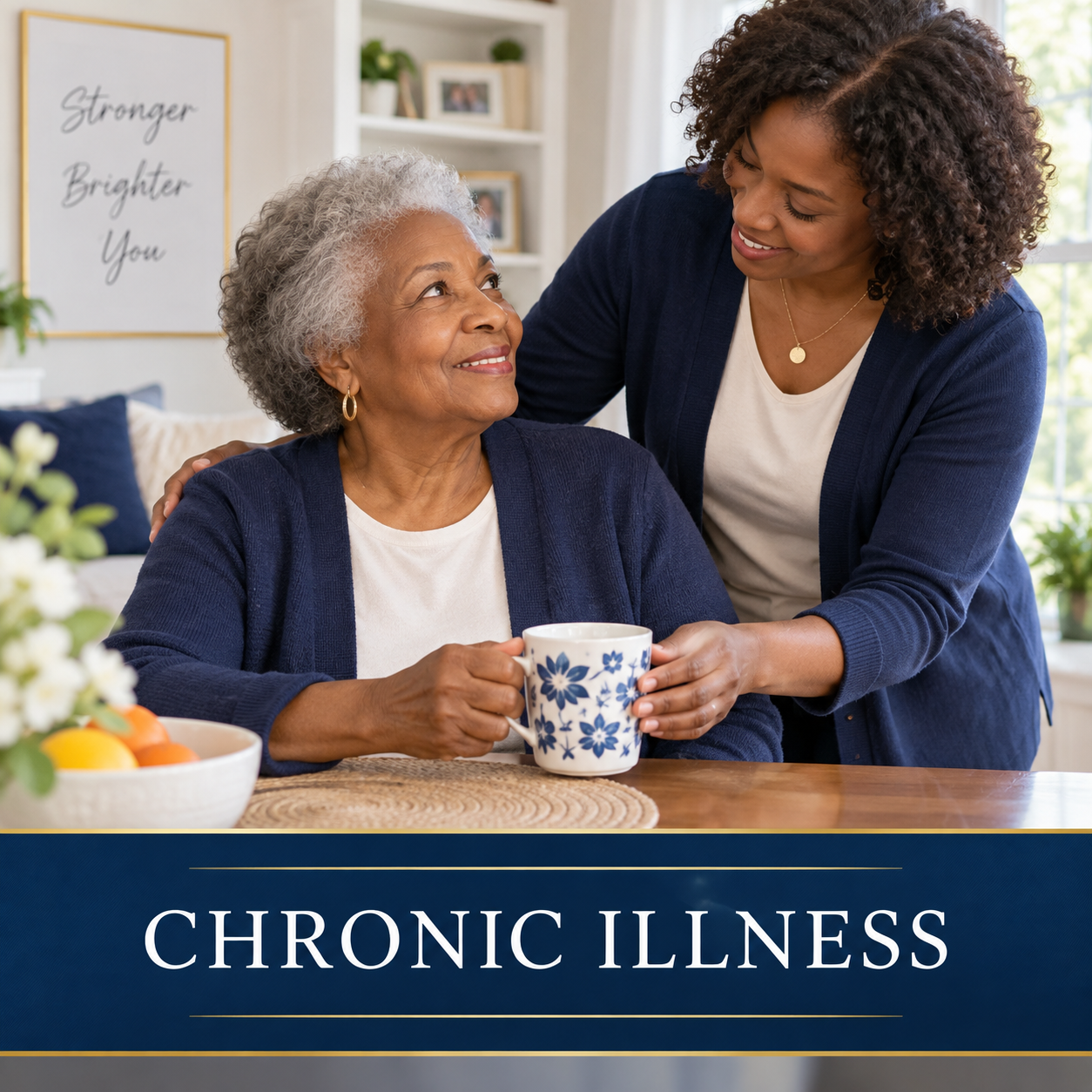 A senior woman receiving loving help from a family member at home