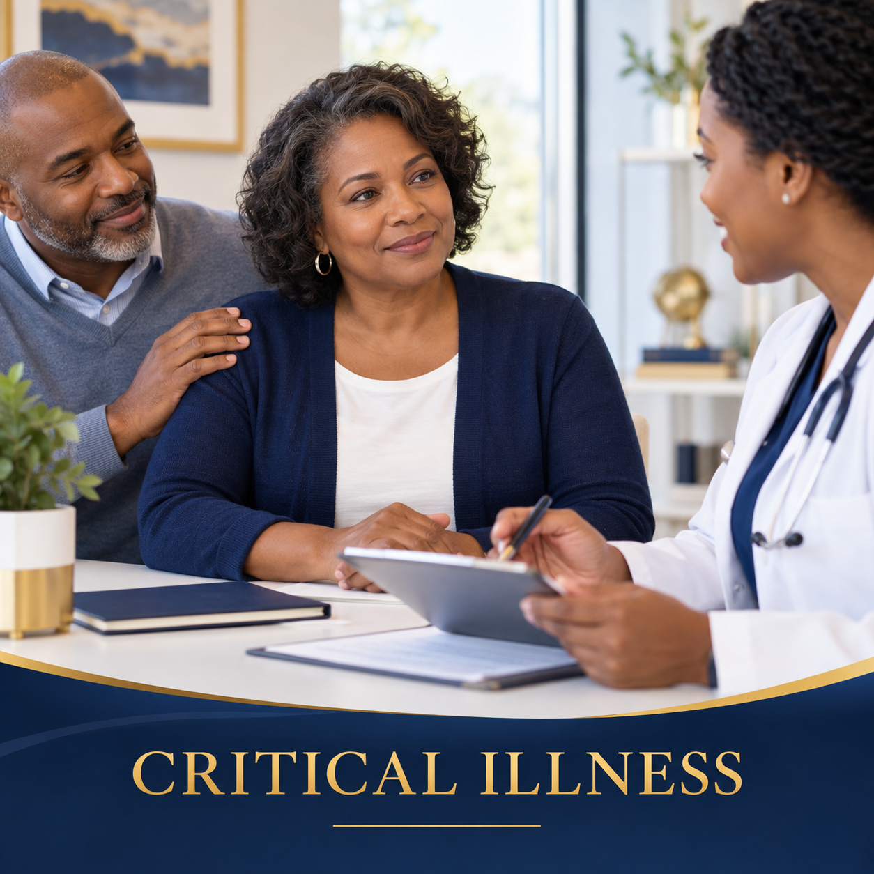 A woman and her husband having a supportive conversation with a medical professional