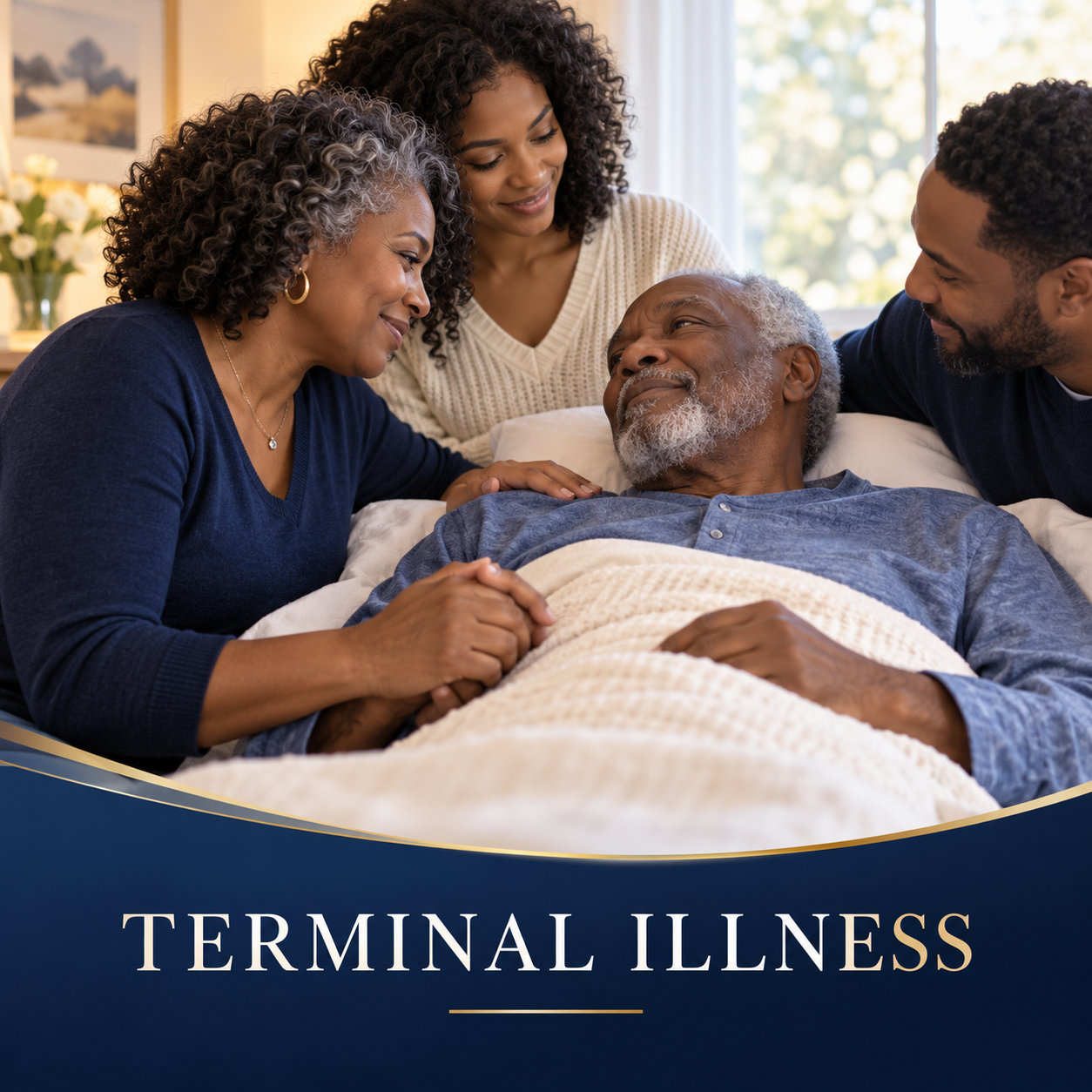 A family sharing a peaceful and supportive moment with an older loved one at home